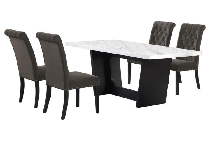 Bring together family and friends at this modern rustic style dining table set. The table features a rectangular