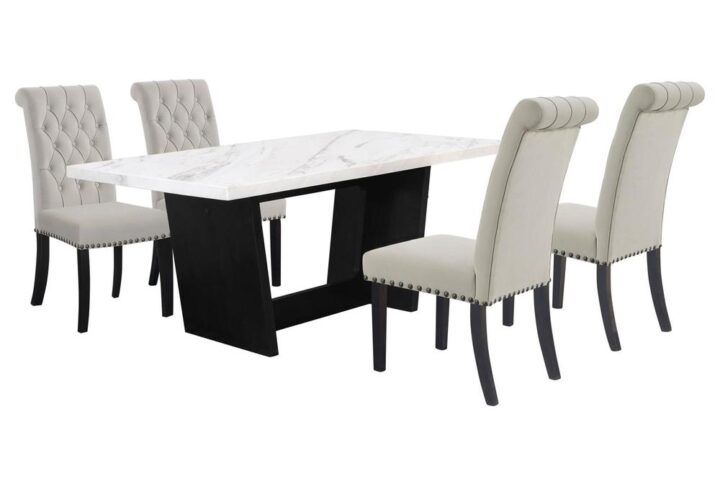 Bring together family and friends at this modern rustic style dining table set. The table features a rectangular