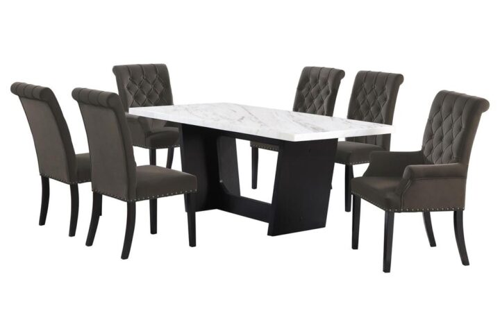 Bring together family and friends at this modern rustic style dining table set. The table features a rectangular