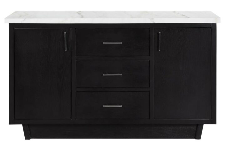 Complete your dining space with our elegant dining server. It features a luxurious white marble top that adds a touch of sophistication. With two door cabinets and three drawers