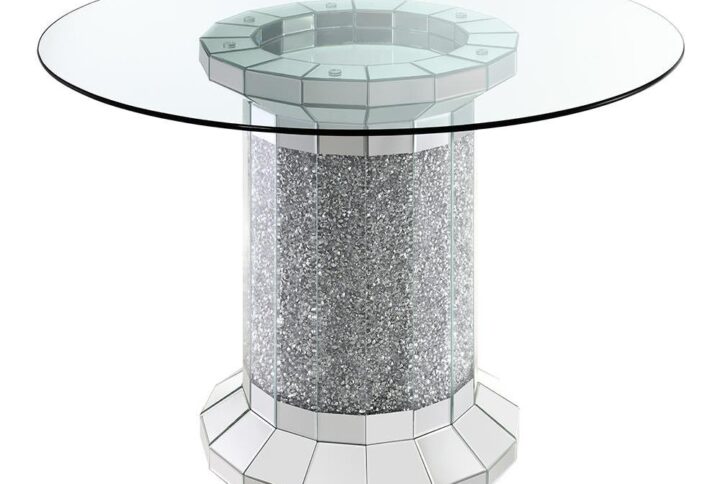 Host a small party at this modern glam counter height table. Designed in a column-inspired pedestal frame