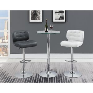 this round bar table is a beautiful addition to contemporary decor. Perfect in a small kitchen nook or in a home lounge