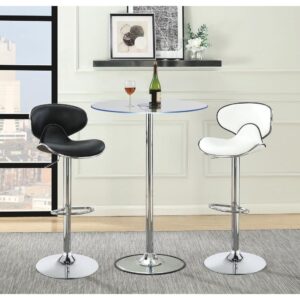 the stool swivels for easy conversation. A chic silhouette boasts a curved back and seat that cradle the body in comfort. Black upholstery perfectly contrasts a chrome finish pedestal base. A rounded foot and footrest provide a lovely finishing touch to a modern design.