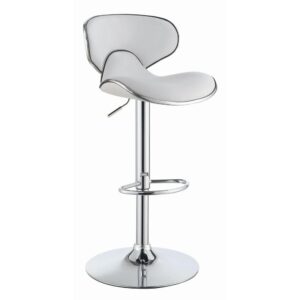 A captivating design makes this bar stool an ideal choice for a character-rich room design. Make happy hours a pleasure with a light and airy look in a comfortable stool. An intriguing silhouette blends pieced sections in white with metal trim. A chrome finish base and open ring footrest create comfort and style. Adjustable height settings ensure a perfect match to any bar table.