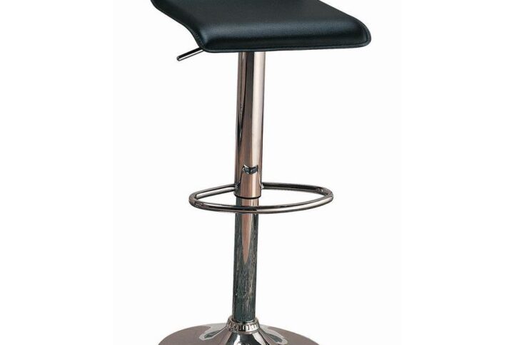 An adjustable barstool with a modern silhouette is a beautiful upgrade to any kitchen or lounge space. Featuring black upholstery