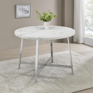 Indulge in the retro charm of mid-century modern design with this stunning faux Carrara marble dining table. The sleek