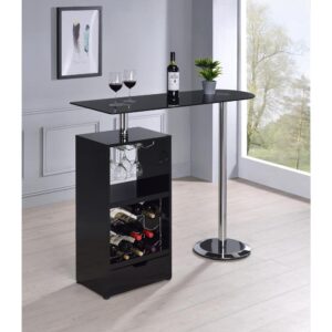 No home bar is complete without a bar table that's both functional and fashionable. Table top is rectangular and fashioned with tempered glass. Table also comes with contemporary bar unit featuring a spacious storage compartment. Also features wine bottle storage and stemware rack for added convenience. This table goes well in a home bar