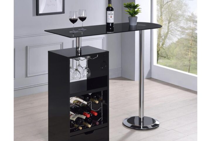 No home bar is complete without a bar table that's both functional and fashionable. Table top is rectangular and fashioned with tempered glass. Table also comes with contemporary bar unit featuring a spacious storage compartment. Also features wine bottle storage and stemware rack for added convenience. This table goes well in a home bar