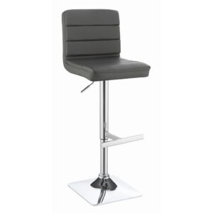 the stool features plush cushioning and a full back for ample support and comfort. A pedestal base boasts a square foot and built-in footrest. A chrome finish gleams and delivers a sleek