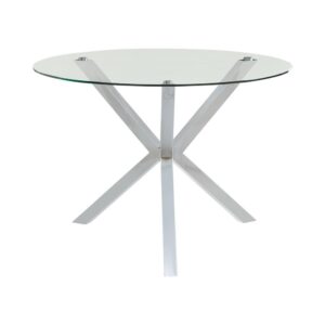 contemporary style you've been seeking. A dynamic metal cross bar design draws attention and is sure to inspire compliments. In a glossy chrome finish that accentuates modern decor. A clear tempered glass tabletop brings a sense of lightness while allowing the table base to shine. Featuring a 41.25-inch diameter