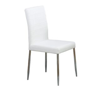 this modern chair features an armless profile with a slightly curved back for superb comfort. Horizontal stitching crosses its seat back while a comfortable seat features smooth upholstery. White leatherette is easy to maintain and offers sleek