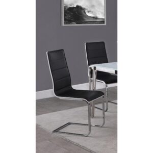 contemporary style. Its the perfect complement to the Carmelo collection dining table (sold separately). Ergonomic shaping highlights Breuer style that presents a chic silhouette. Black leatherette upholstery features horizontal stitching for added dimensionality. The back of the chair delivers a surprise with crisp white leatherette accent fabric for a dynamic
