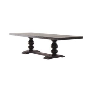 dramatic silhouette that adds an artful elegance to a formal space. This formal dining table offers a lush antique noir finish wood construction with a polished aesthetic. Its trestle-style base reflects sensual tapering and supports beautifully turned legs. Embrace a chunky profile that offers a solid look and feel. This elegant table is extra-long and ideal for a formal dining room.