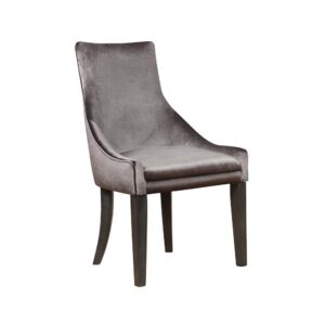 Bring romance and sophisticated style to a transitional space. Elegance abounds in this everyday dining chair that hints at a formal motif. Luscious grey upholstery offers cool tones and a versatile palette. Dark charcoal finish wood legs echo a charming retro style with graceful curving on the two back legs and tapered front legs. Experience superior comfort in a padded seat and sloped