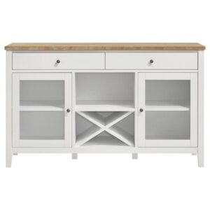 with a natural wood top and crisp white base that adds contrast while maintaining a neutral color palette. Two drawers are ideal for utensils and delicate items with felt lining in a light brown hue. Two side cabinets add glass doors for showing off cookbooks