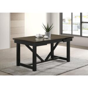 Embrace the timeless appeal of transitional style with our sleek dining table. The two-tone oak and black trestle base effortlessly enhance any décor