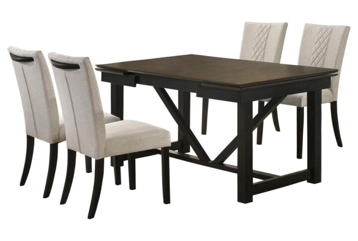 Bring transitional style to your dining room with this sleek and practical collection. The two-tone finish of the oak top and black trestle base complements any décor style