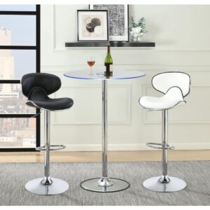 Modern appeal is evident in each and every contour of this contemporary bar table. Its pedestal base boasts a gleaming chrome finish and rounded foot. A petite tempered glass tabletop is clear