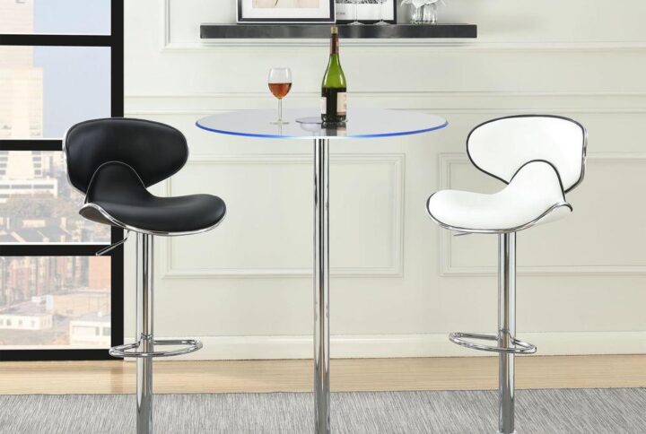 Modern appeal is evident in each and every contour of this contemporary bar table. Its pedestal base boasts a gleaming chrome finish and rounded foot. A petite tempered glass tabletop is clear