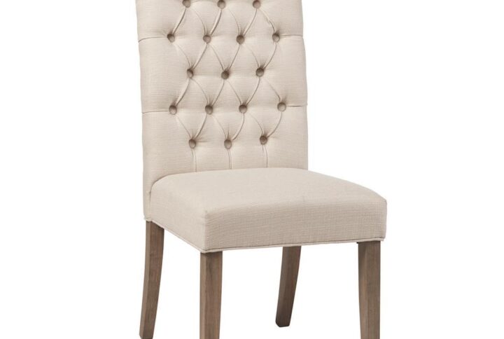 This set of two wood and fabric tufted parson chairs has a handsome rustic design. Each chair is crafted with durable Asian hardwood and plywood. Stylish elements shine through in the sand-colored linen-like fabric upholstery and tufted seat back. A warm vineyard oak finish completes the look of this charming set. You'll love the versatility that makes these chairs well suited for both everyday or formal dining.
