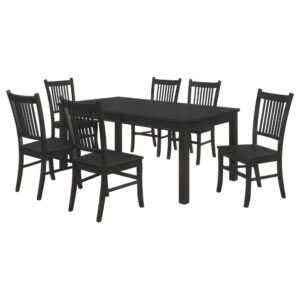 Our mission-style dining collection boasts exposed tenon joints and linear fretwork for a classic look. Crafted with select hardwood and veneers in a sleek matte black finish