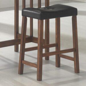 this counter height bar table set includes two bar stools. In a warm nut brown hue