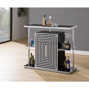 Celebrate art deco-inspired design with the interesting pattern on this modern bar unit. Featuring a geometric rectangular center in glossy black and chrome