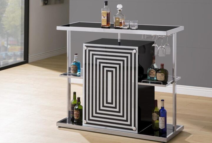 Celebrate art deco-inspired design with the interesting pattern on this modern bar unit. Featuring a geometric rectangular center in glossy black and chrome