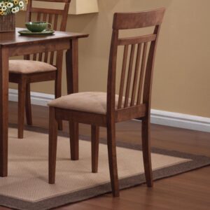 classically designed set comes complete with one table and four chairs. Clean and subtly curved lines create a minimalistic rectangular dining table. A handsome slatted wood backrest adds flair and dimension to its chairs. Cushy