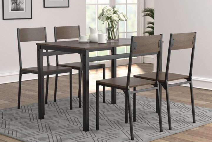 Keep it simple and modern with this five piece dining set. The look of wood tops on a metal frame is characteristic of a modern industrial design theme