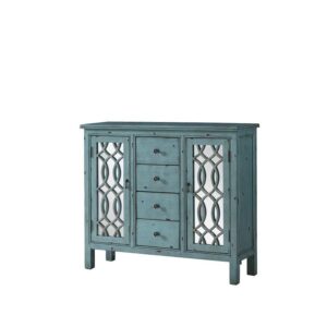 this table has both style and function. It's fashioned with four drawers providing plenty of storage for silverware and linens. Two cabinet doors with carved curved lines open up to more space for extra plates or stemware. This classic style table with a colorful twist is well suited to any contemporary decor.