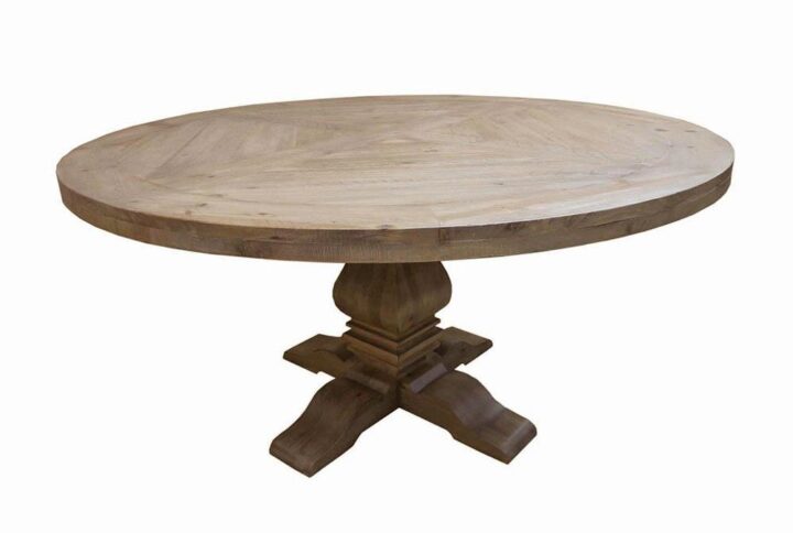 This round dining table showcases a classic form with updated embellishments. Embrace a traditional pedestal silhouette with a casual aesthetic. Rustic smoke offers an attractive finish that blends with a variety of palettes. Elegant sculpting on its pedestal and cross-foot base jazz up its design presentation. Choose this dining table for a compact space and select fabulous chairs to complete a fashionable package.
