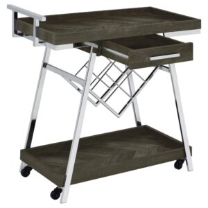 this grey bar cart adds a fresh look with plenty of functionality. Wood products and paper create a rectangular top and lower shelf for serving and storage