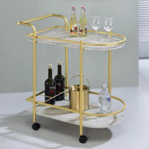 Invite guests over for an intimate soiree and serve up cocktails on this contemporary bar cart. Classic faux white marble shelves stack on top of one another