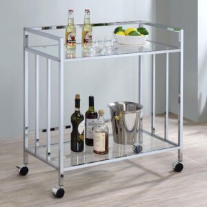 Welcome guests and serve up libations with this sleek contemporary bar cart. A rectangular silhouette outlined in a slim