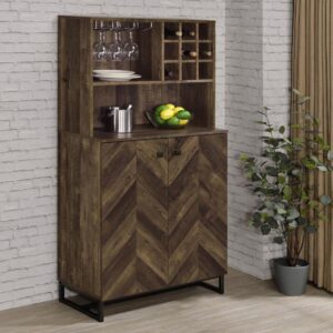An eye-catching herringbone pattern lends a classical touch to this transitional wine cabinet. Perfect for dining areas and multipurpose living spaces