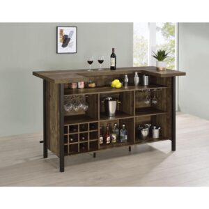 this bar features six stemware racks to hang glasses as well as a wine rack capable of holding up to 12 bottles from your favorite vineyards. Pull up a pair of barstools resting your feet comfortably along the steel footrest. With a spacious U-shaped design