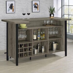 appointed in a gray driftwood-inspired finish with distinctive metal details throughout. Perfect for holding and organizing barware
