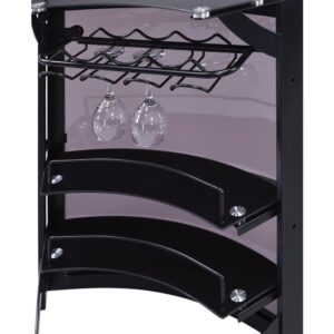 the design of this elegant bar unit turns heads as it provides comprehensive serving and entertaining functions. Enjoy a lovely smoked acrylic with black tempered glass and black metal frame