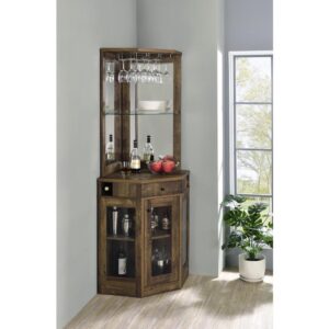 Place this corner bar cabinet in a modern farmhouse home to lend a charming country style. Constructed of durable