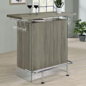Elevate a multipurpose living room with this modern bar unit. A neutral finish