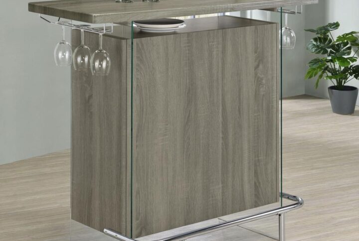 Elevate a multipurpose living room with this modern bar unit. A neutral finish