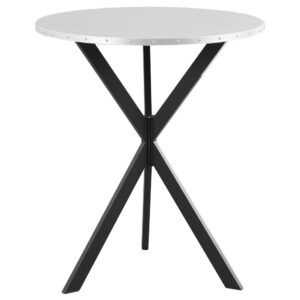 a stylish industrial bar table. The round metal top is accented with hammered screws for a touch of texture
