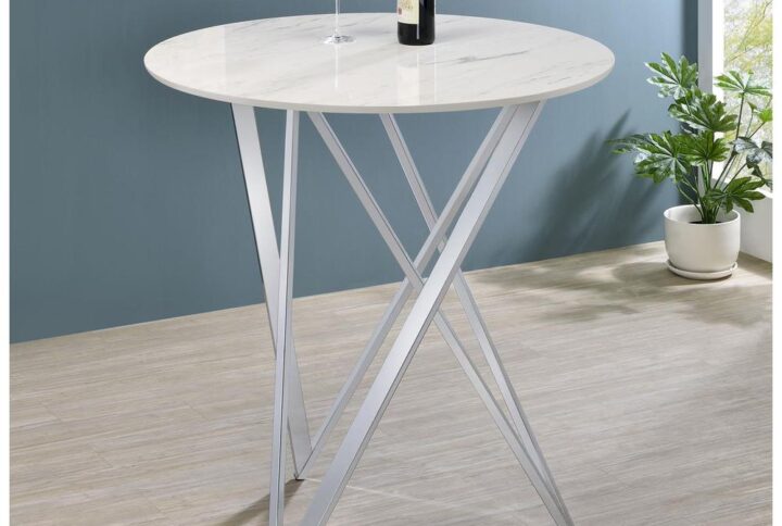 Dress up casual dining areas and entertainment rooms with this sleek modern bar table. Designed with a clean and crisp