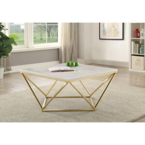 airy panache to the home. It features a square-shaped table top with marble-like features. The four V-shaped legs and base come in a gold color design for a bold contrast. This splendid piece is ideal for a living room with lots of light. It's a great complement to a sofa and armchair with white and gold accents.