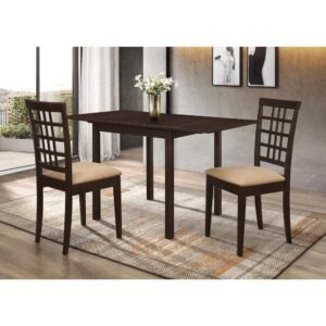 Maximize your dining space with this transitional three-piece dining set that's perfect for a breakfast nook or an apartment setting. The cozy set features a table with a drop-leaf extension and two (2) two-tone lattice-back chairs. The table is crafted with solid block legs and comes in a warm cappuccino finish. The stylish chairs are upholstered in a cushioned tan fabric and tapered legs with the same cappuccino finish as the table. It's a perfect set for a cozy gathering.