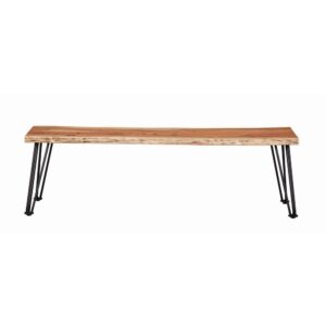 this rectangular dining bench makes a modern statement. Designed with natural acacia