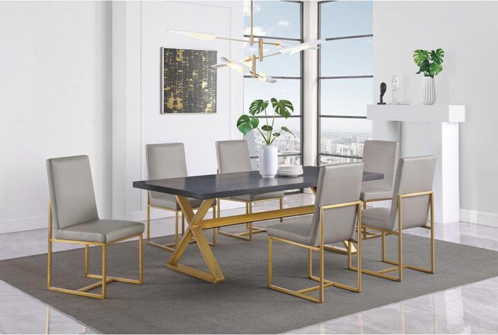 A modern design reigns supreme in the elements of this contemporary five-piece dining set featuring one rectangular table and four side chairs. The smooth dark walnut finish of the tabletop is a handsome
