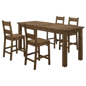 Share a homecooked meal together around this charmingly simple 5-piece counter height dining set from the Coleman collection. A rustic golden brown finish brings out the rich grains of the solid hardwood construction. Farmhouse chic is a trending look right now