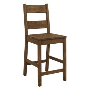 this inviting counter height dining chair is a perfect addition to casual and inviting decor. The chair features clean lines with post legs and a ladder back. Its meticulously crafted from Asian hardwoods and finished in rustic golden brown. A rugged addition to a dining room or entertaining space